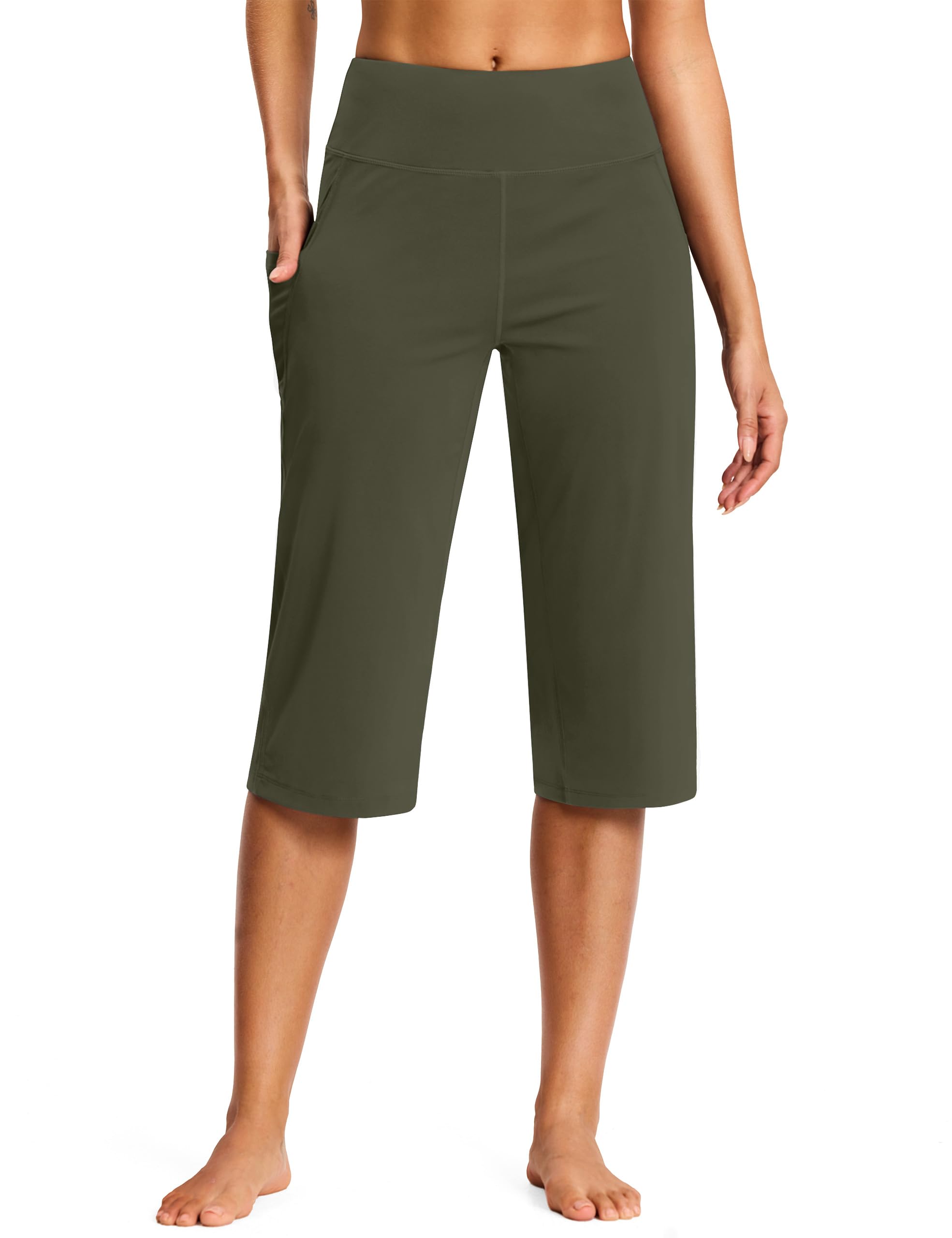 ISEEGZ Capri Pants for Women High Waist with Pockets Tummy Control Capri Workout Yoga Pants Loose Straight Leg