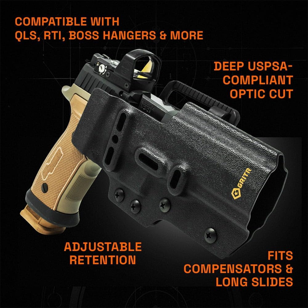 GRITR Ambidextrous OWB Kydex Competition Holster - for USPSA, IDPA, 3-Gun Matches & EDC - Pistol Accessory w/Optic Cut, Open Bottom, Adjustable Retention & Cant
