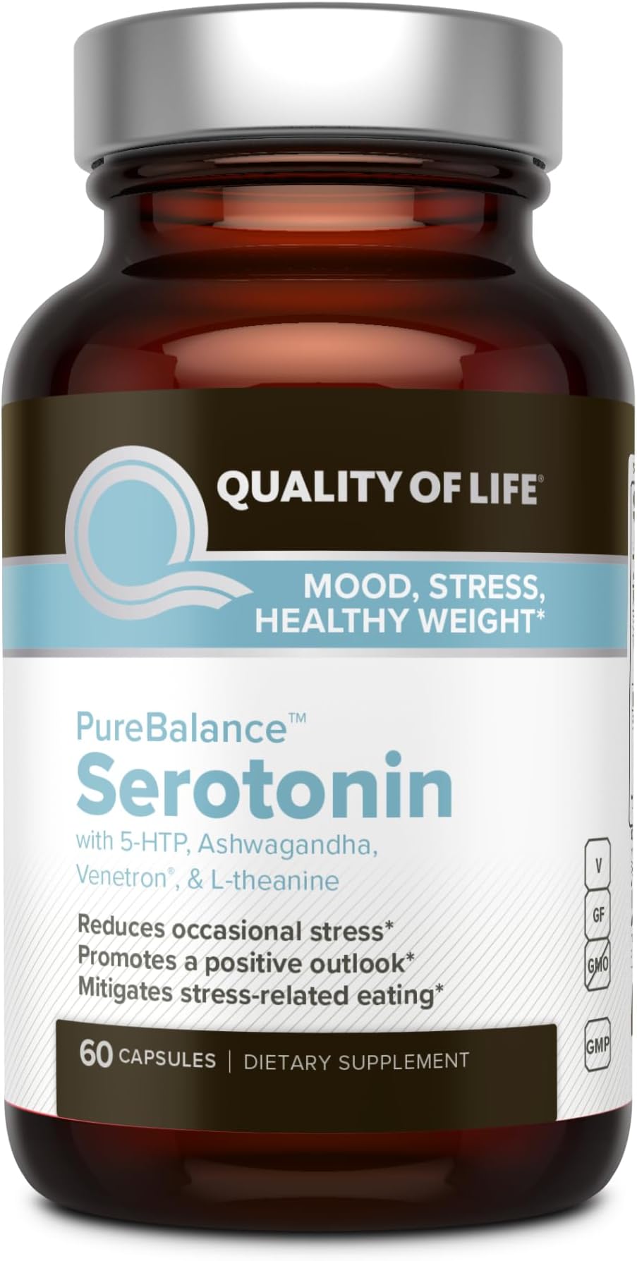 Quality of Life Pure Balance Serotonin PremiumโHelps Boost Serotonin & Cortisol Levels - Includes 5-HTP, Venetron, Sensoril, Vitamin D3 & L-Theanineโ60 Capsules
