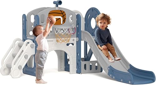 Miniatura 1 de KORIMEFA Tobogán 9 en 1 para niños pequeños de 1 a 3 años con escalador, lanzamiento de anillo, aro de baloncesto y telescopio, tobogán para