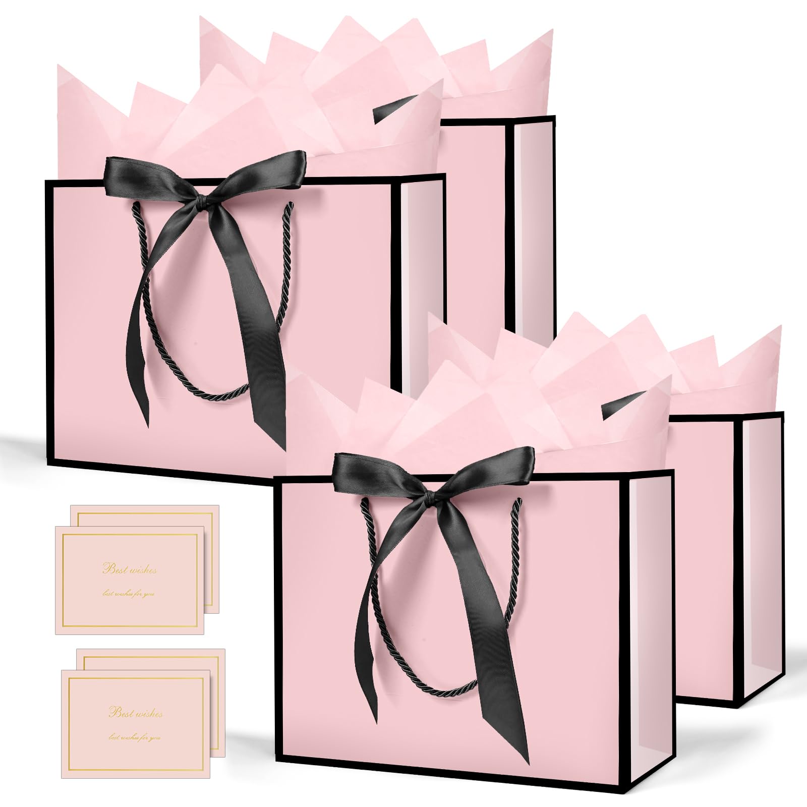 AMFUN 4PCS Medium Pink Gift Bag, Paper Gift Bag with 4 Wrappers and 2 Cards,Present Bags with Handles,Pinks Paper Bags for Women Valentines Girls Bridesmaid Birthday Wedding Party (Pink-Black)