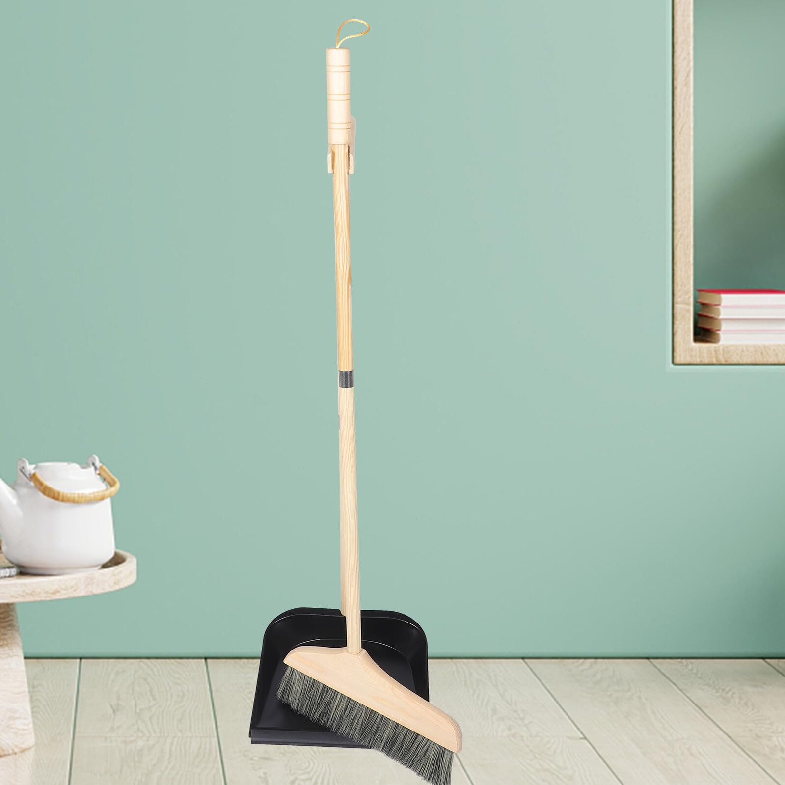 Escoba y Recogedor Doméstico de Madera con Cerdas Flexibles para Limpieza Ligera Suelos de Madera Baldosa para Uso Oficina y Hogar