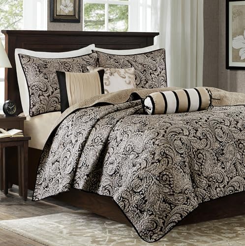 Madison Park Quilt Traditional Damask Design All Season, Lightweight Coverlet Bedspread Bedding Set, Matching Shams, Pillows, King/Cal King(104"x94"), Aubrey, Jacquard Paisley Black, 6 Piece Black King/Cal King(104"x94")