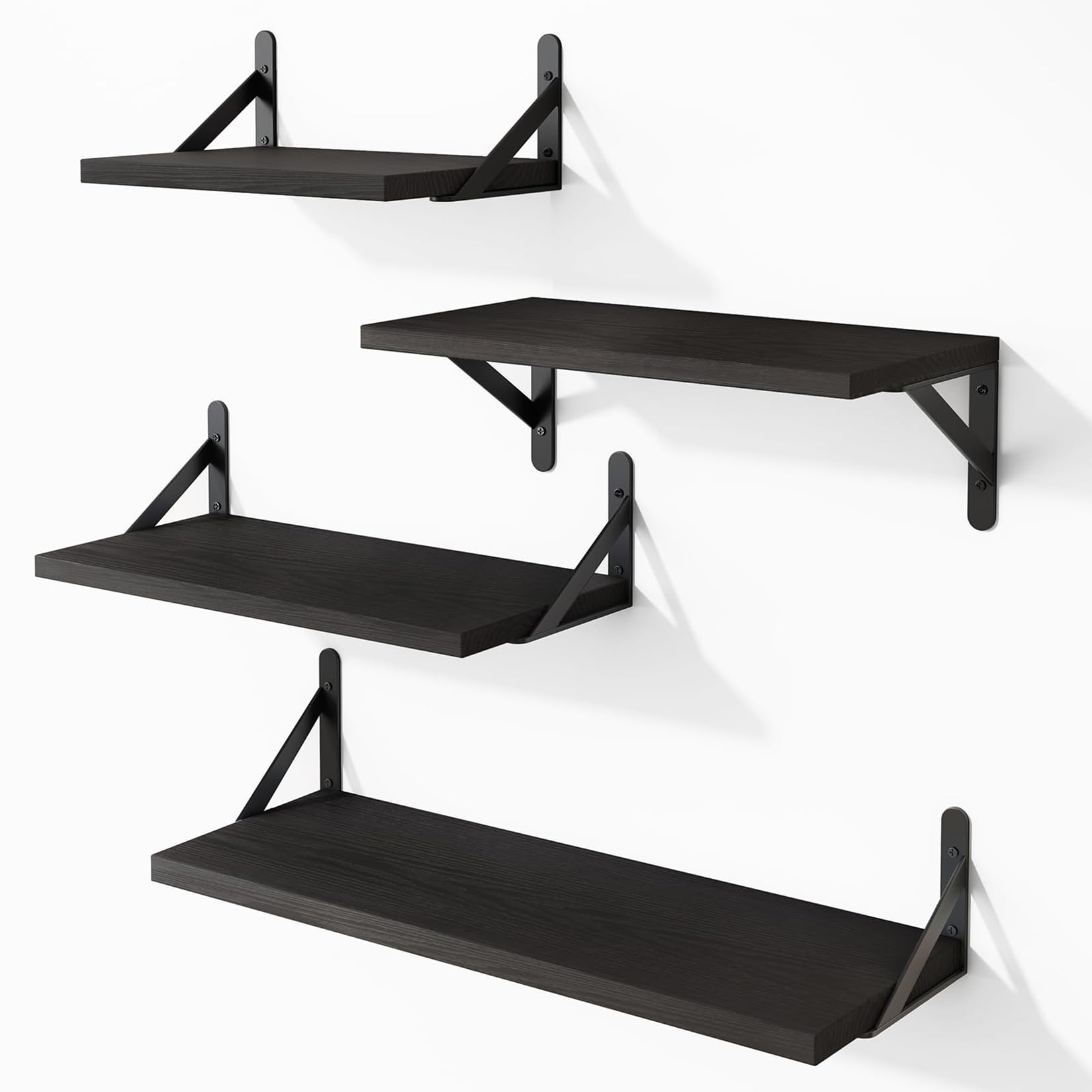 Qaxinmi Floating Wall Shelves Set of 4, Black Wooden Shelves with Brackets, Different Sizes Wall Mounted Storage Shelf for Living Room, Bathroom, Bedroom, Kitchen