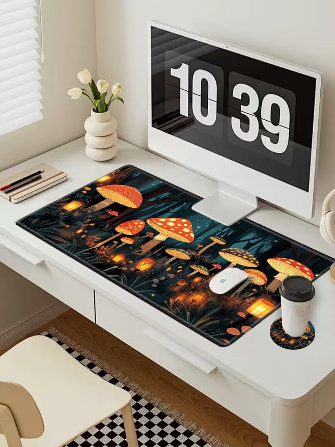 Image of Large Mouse Pad Gaming Desk Pad Mushroom Mousepad for Wireless Mouse XXL 31.5''X15.75'' Big Desk Mats Extended Mouse Mat of Girl Desktop Computer with Coaster