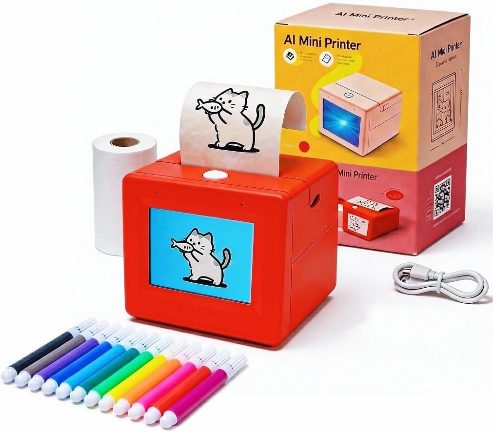 Chamii AI Voice-Activated Thermal Sticker Printer - Interactive Creative Media Play Set for Young Creators, Smart Instant Art Generator for Journaling & DIY, Includes 12 Coloring Pens & Thermal Paper