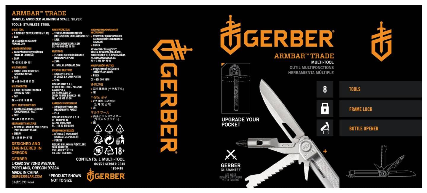 Gerber Scyzoryk z 8 funkcjami, narzędzie wielofunkcyjne z gładkim ostrzem, śrubokręt z wymienną końcówką, ArmBar Trade, srebrny, stal nierdzewna/aluminium, 1064416
