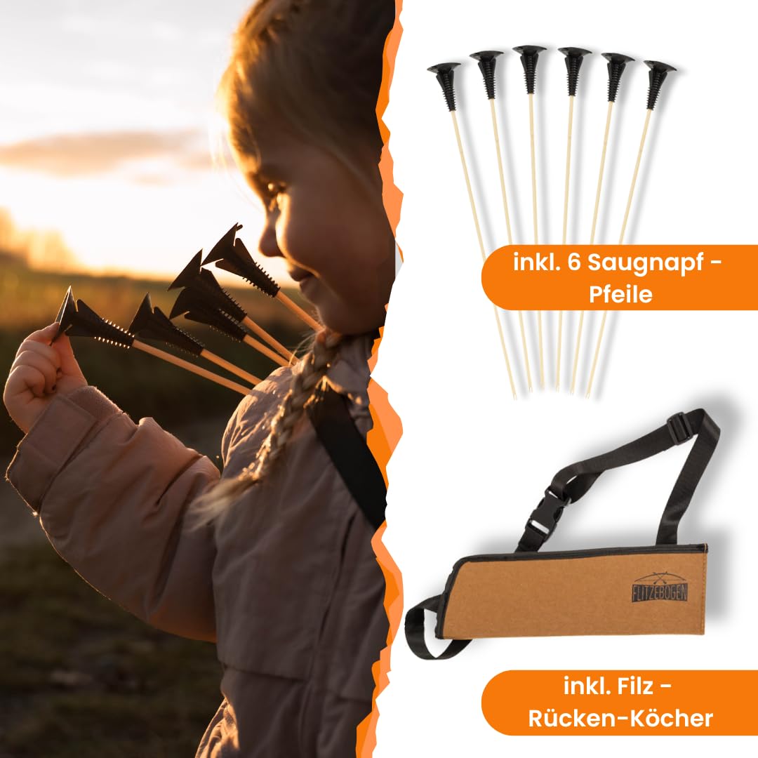 FLITZEBOGEN Pfeil und Bogen Kinder Set aus Holz mit Saugnapfpfeilen | Zielscheibe Köcher Armschutz und Tasche