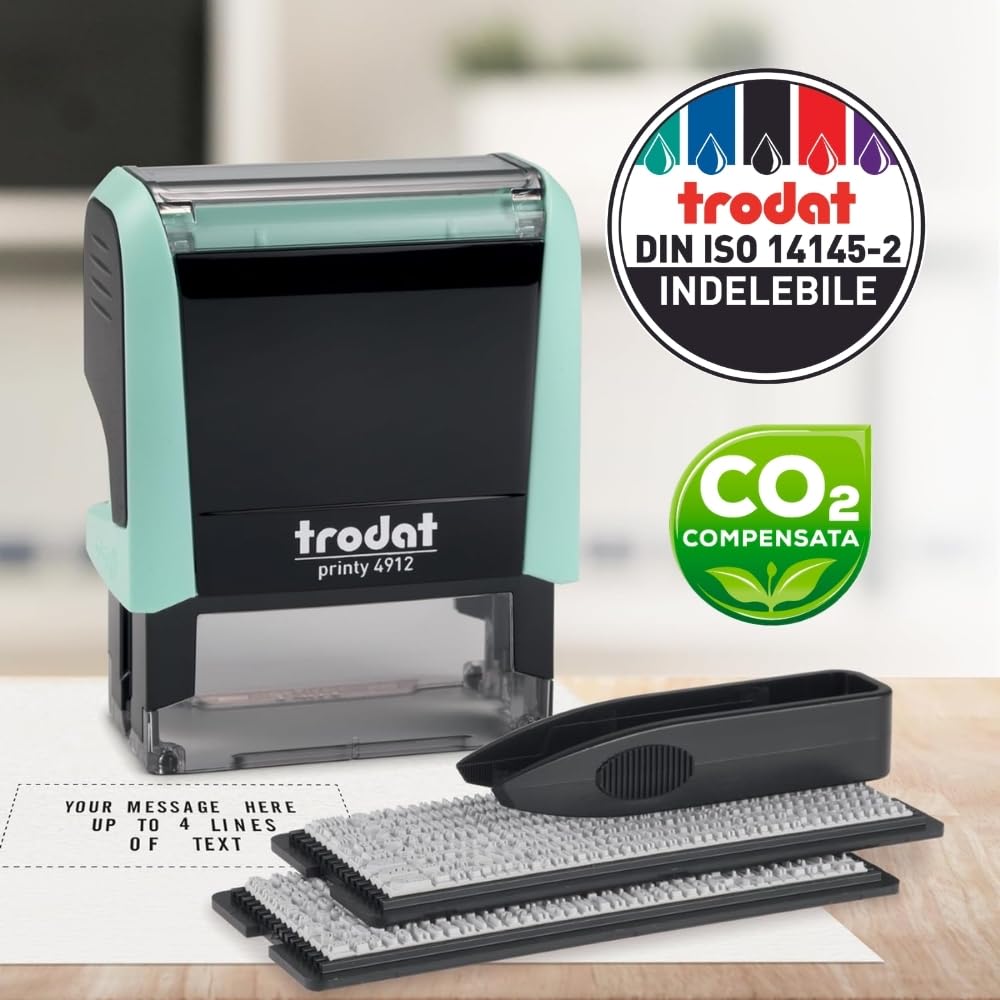 Trodat Timbro Verde Pastello Autoinchiostrante Autocomponibile Fai-Da-Te Printy 4912 Typo, 47x18 mm, Max 4 Righe, Inclusa Cartuccia Inchiostro Nero, con Pinzetta e 2 Set di Caratteri, Icone e Numeri