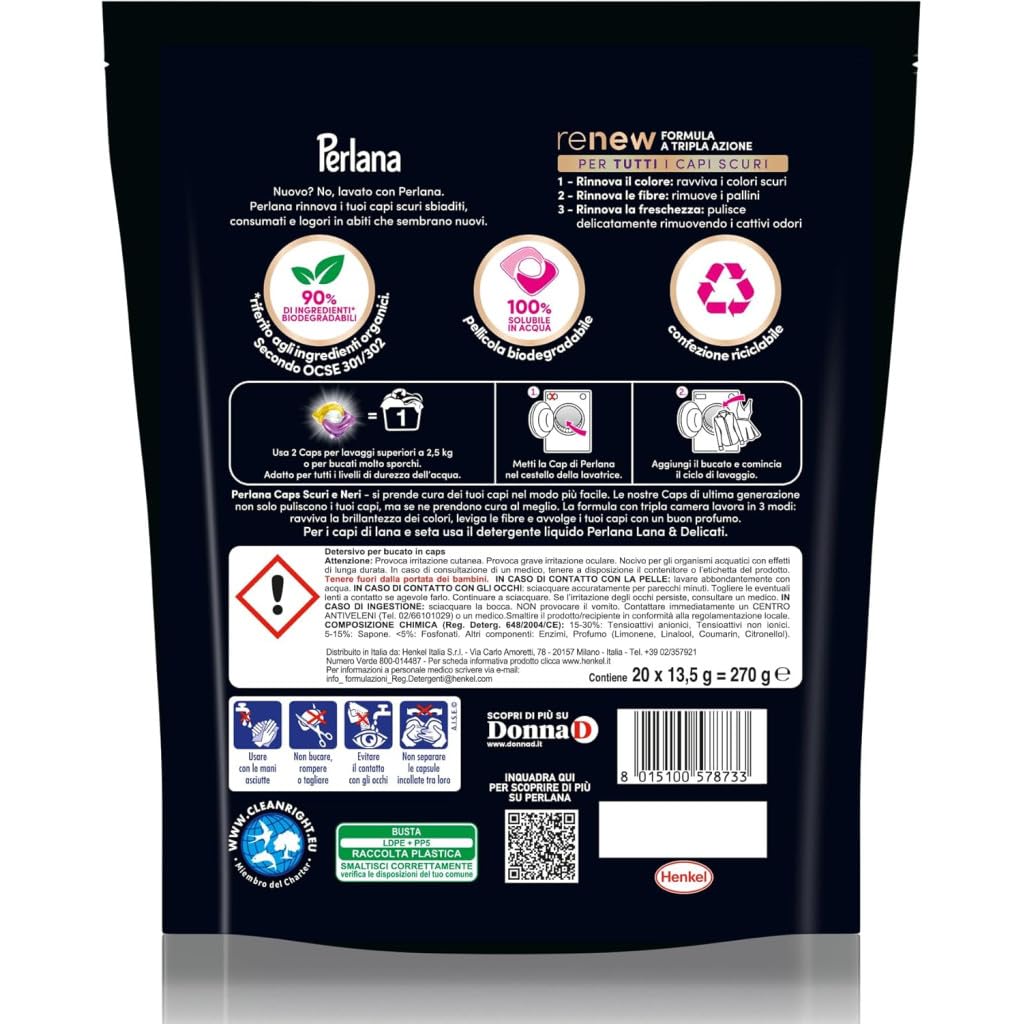 Perlana Renew Caps Black - Detergente en cápsulas para lavadora, fórmula 3 en 1, ideal para todas las prendas oscuras, paquete de 18 lavados