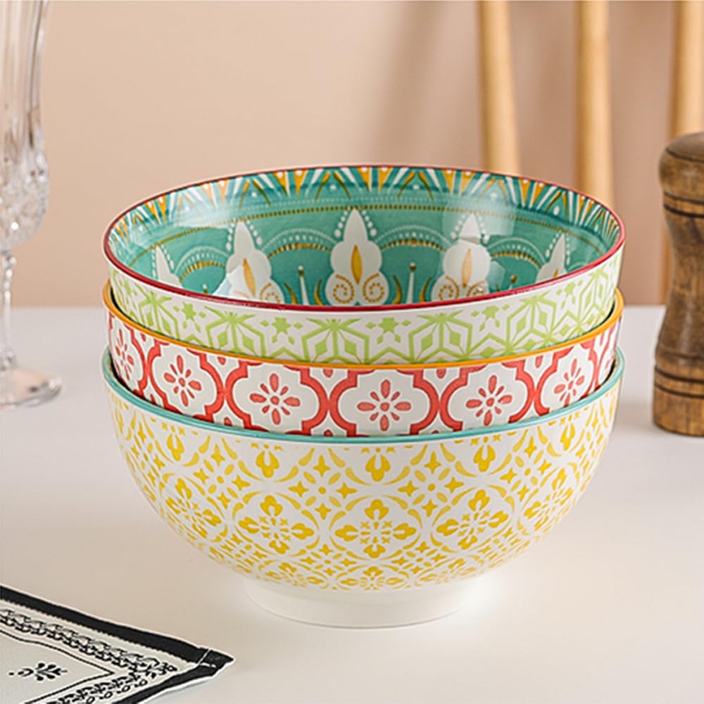 AHX Ensaladera Cuenco Ramen 1.7 Liters - Bol Ensalada Porcelana - 3 Piezas Grande Cuencos Sopa 20 cm - Aptos para Lavavajillas y Microondas