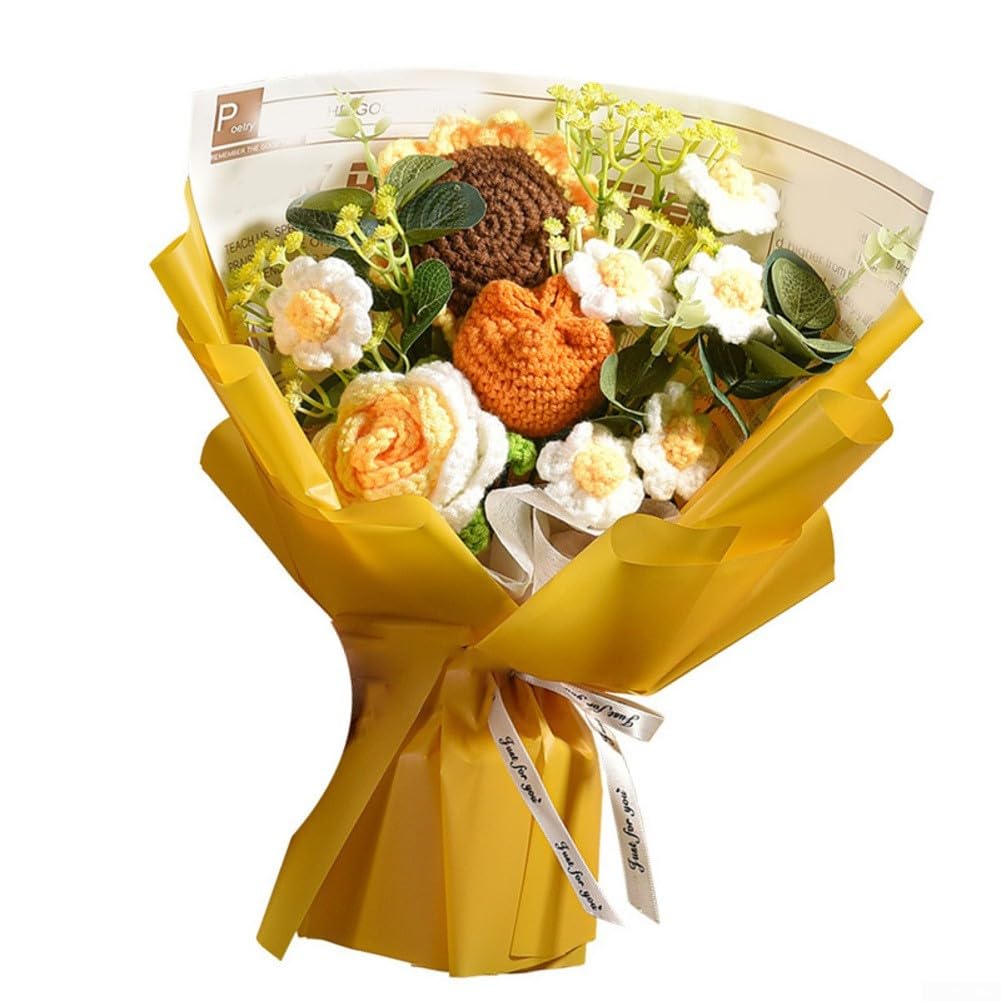 TVANTRUXIS Hand Woven Artificial Flowers, Handmade Crochet Flower Bouquet Multicolor 27x35cm(Yellow)