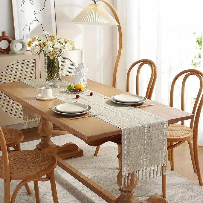 Miniatura 4 de Wracra Camino de mesa rústico con vainica, camino de mesa de lino de 60 pulgadas de largo con borlas para comedor, cocina, decoración de mesa
