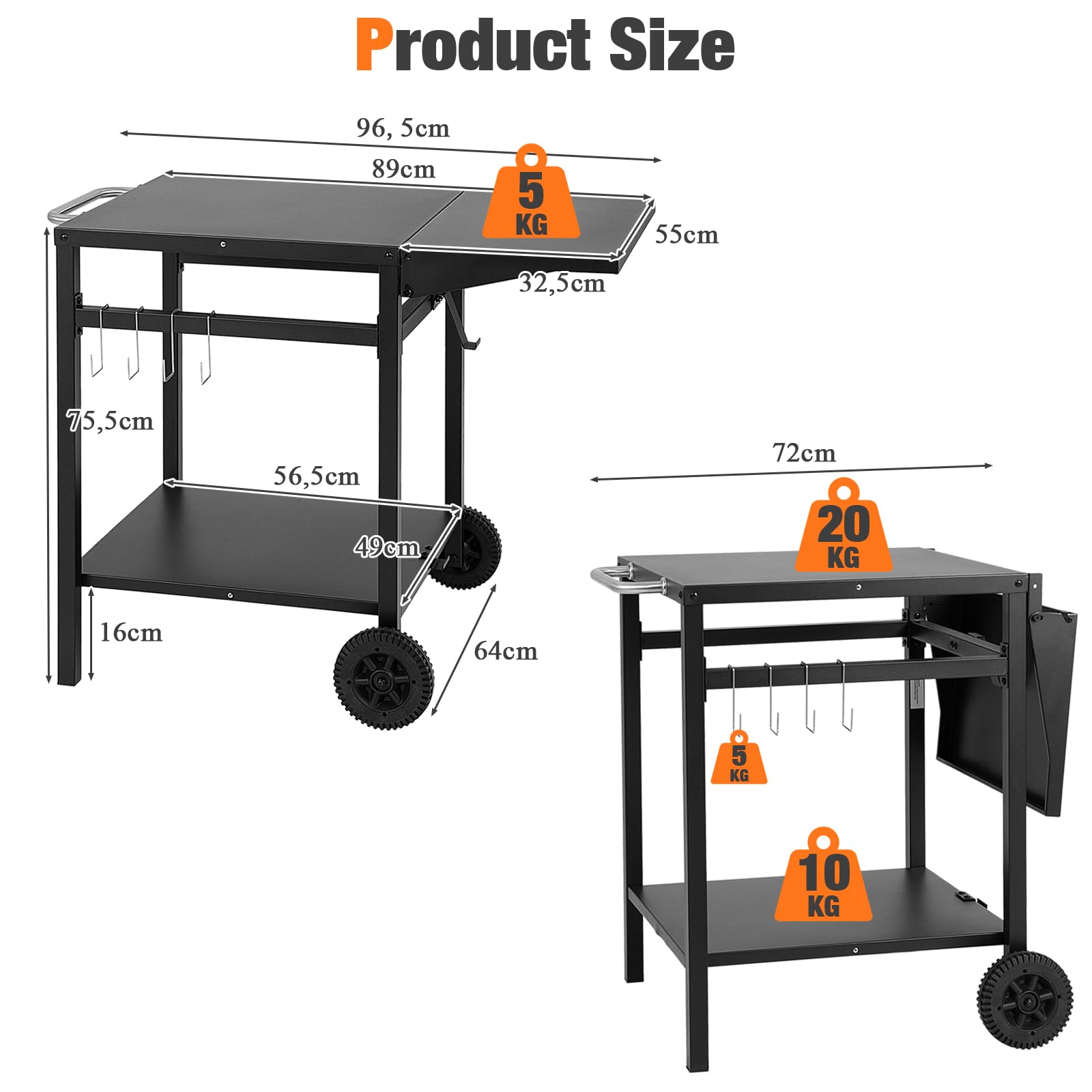 KOMFOTTEU Chariot pour Barbecue avec Plateau Pliable, 2 Étagères, Desserte de Jardin avec Porte-Serviettes et Crochets, Desserte d’Extérieur avec 2 roulettes, 96,5 x 64 x 75,5 cm, Noir