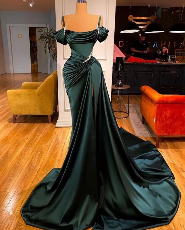 Women's Spaghetti Straps Mermaid Prom Dresses 2025 Beaded Long Satin Formal Evening Gowns with Slit2