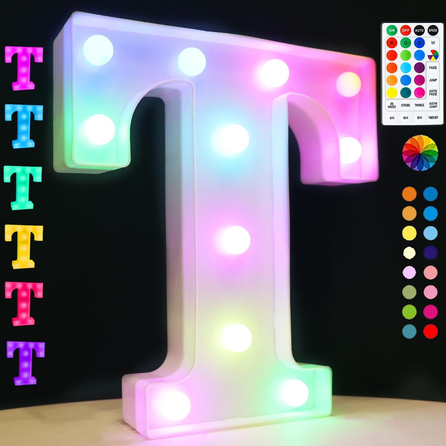 Light Up Colorful LED Marquee Letter Lights, 18 Colors Changing Alphabet Letters Sign with Remote Timer for Night Light Wedding Birthday Party Lamp Christmas Home Bar Decor- Colorful T