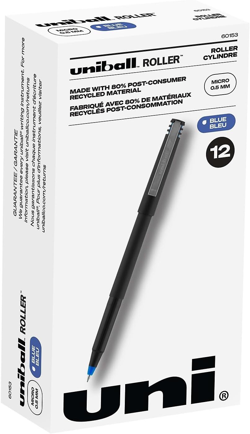 Sanford Uniball Roller Stick Pen, 0.5mm Micro Point, Blue Ink, Dozen (60153)
