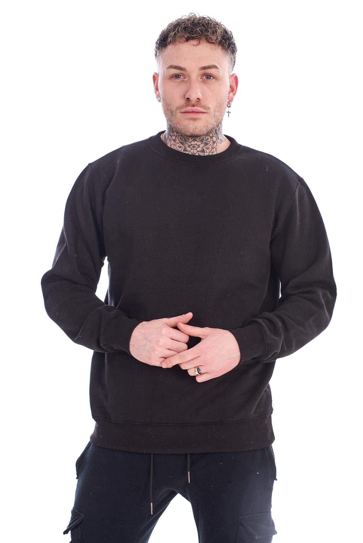 Malay Mens Fleece Sweatshirt Plain Long Sleeve Ribbed Cuff Hem Pullover Top Jumper Black