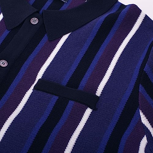 Men’s Short Sleeve Knit Shirt Vintage Stripe Lapel Collar Polo Shirt4