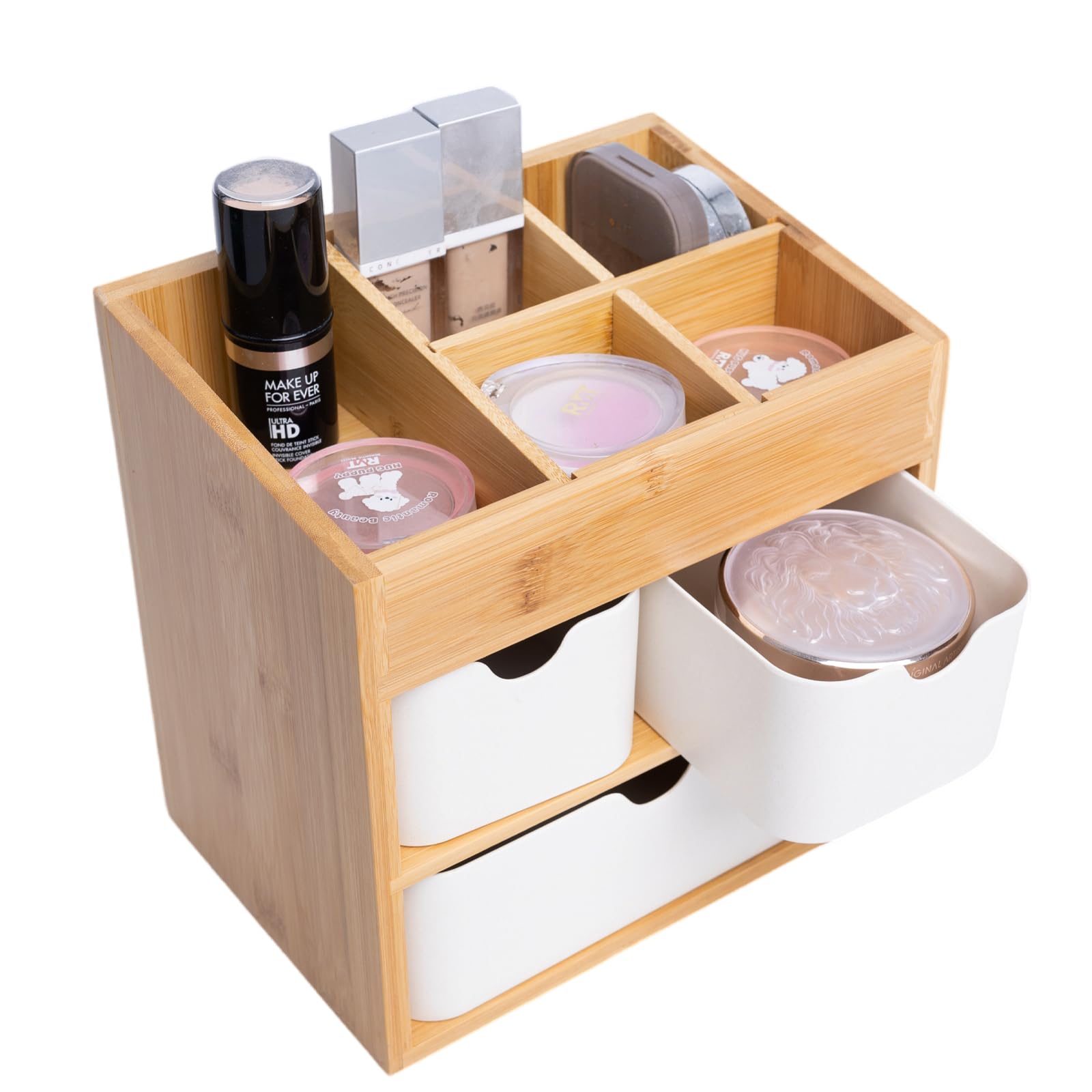 Bambus-Make-up-Organizer mit 3 Schubladen, Kommode, Kosmetik-Organizer, Bambus-Schreibtisch-Organizer für Zuhause mit verstellbaren Trennwänden