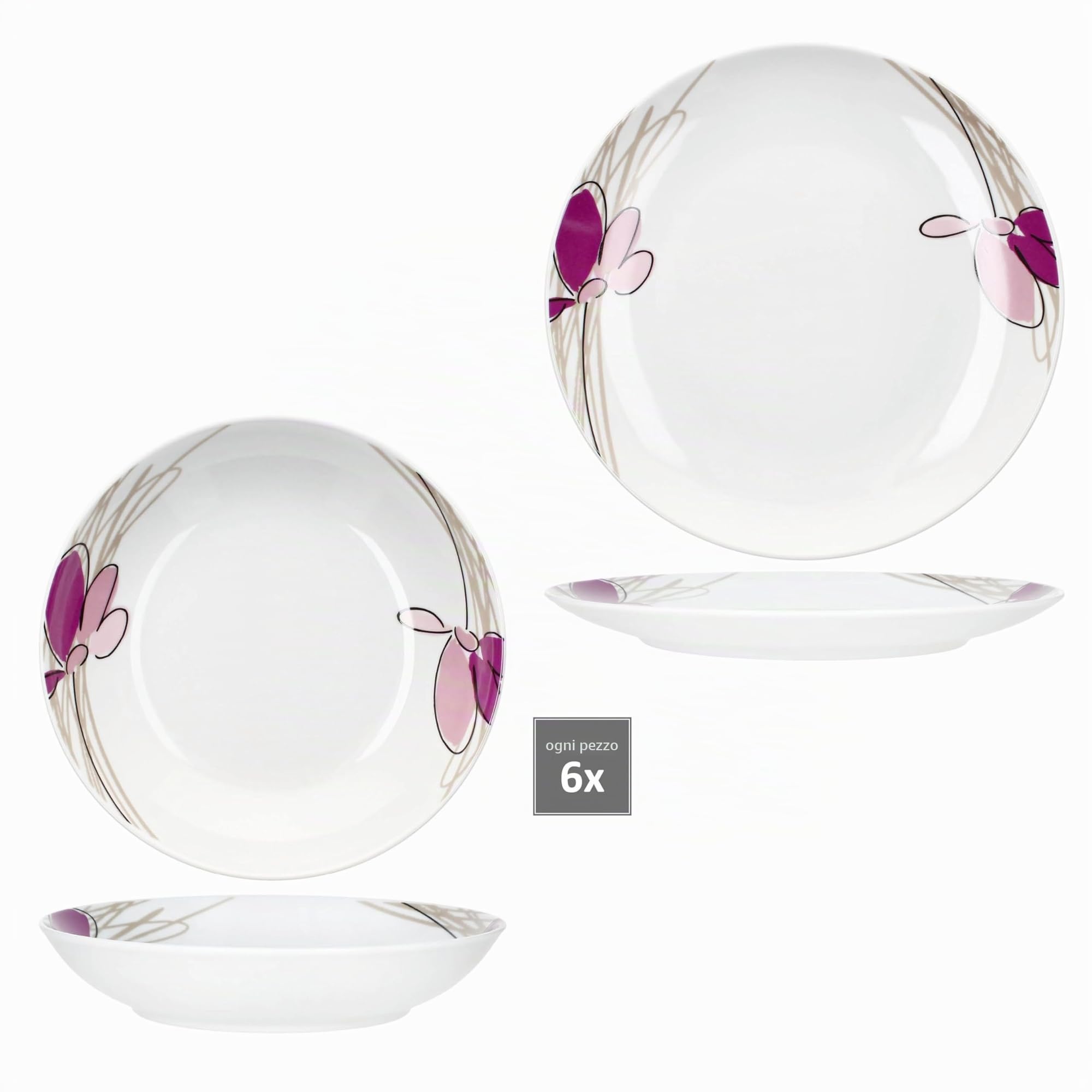 MamboCat Viola Servizio da tavola 12 pezzi, stoviglie in porcellana con decorazione floreale per 6 persone, 6 piatti fondi e 6 piatti piani per colazione, pranzo e pane cena