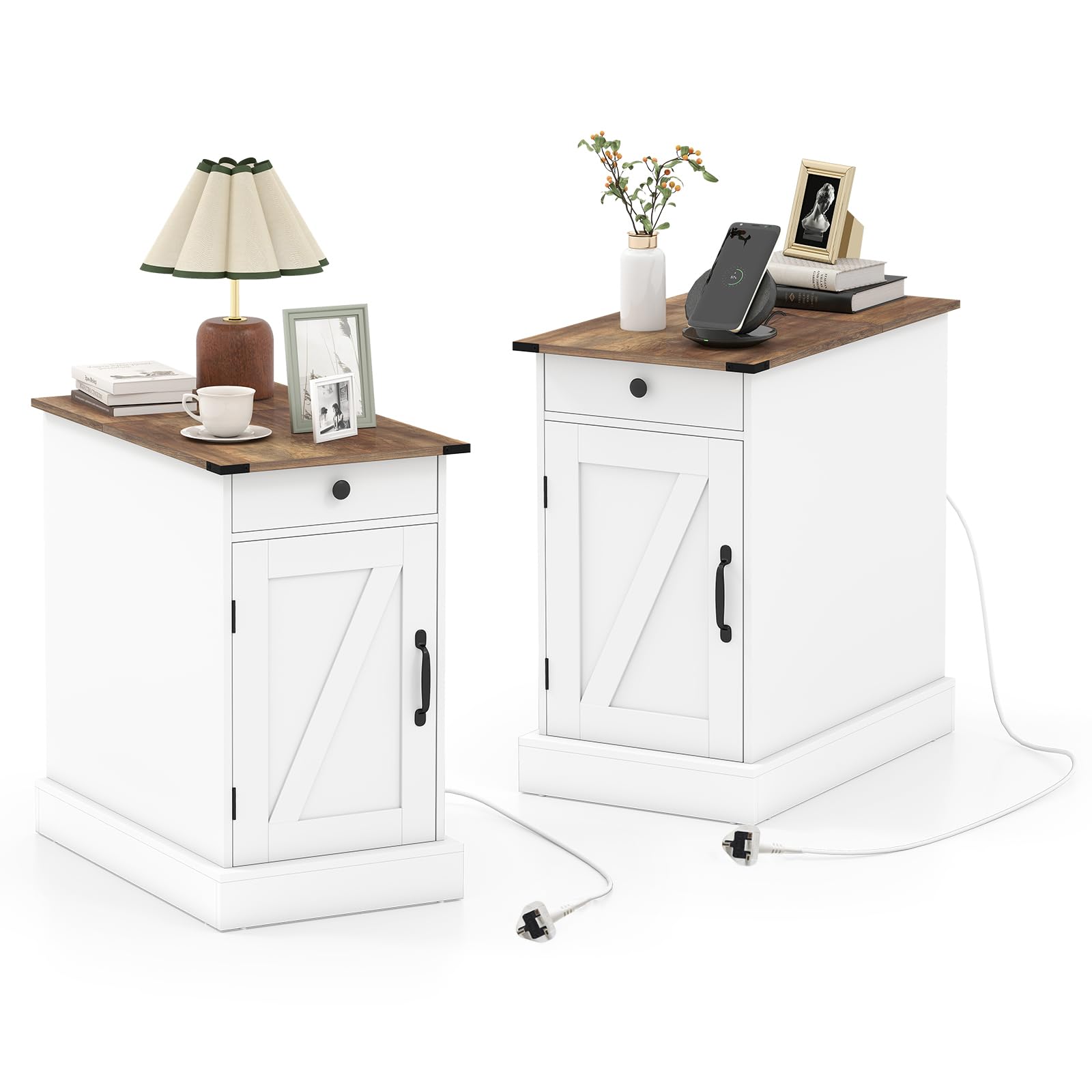 COSTWAY Bedside Table with Charging Station, Wooden Nightstand End Sofa Side Table with Drawer, Cabinet & Adjustable Shelf, Narrow Accent Bedside Cabinet for Small Spaces (2, White + Rustic Brown)