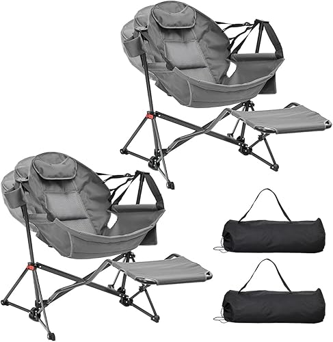 Ainfox Hamaca de camping con reposapiés, resistente y plegable, portátil, mecedora, para exteriores, campamento, con soporte para tazas, almohada