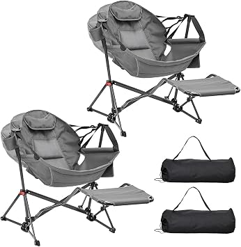 Ainfox Hammock Chair with Footrest, Swinging Portable Folding Camping Chairs for Adults Outside with Cup Holder Pillow for Outdoor Lawn Grey 2 Pack