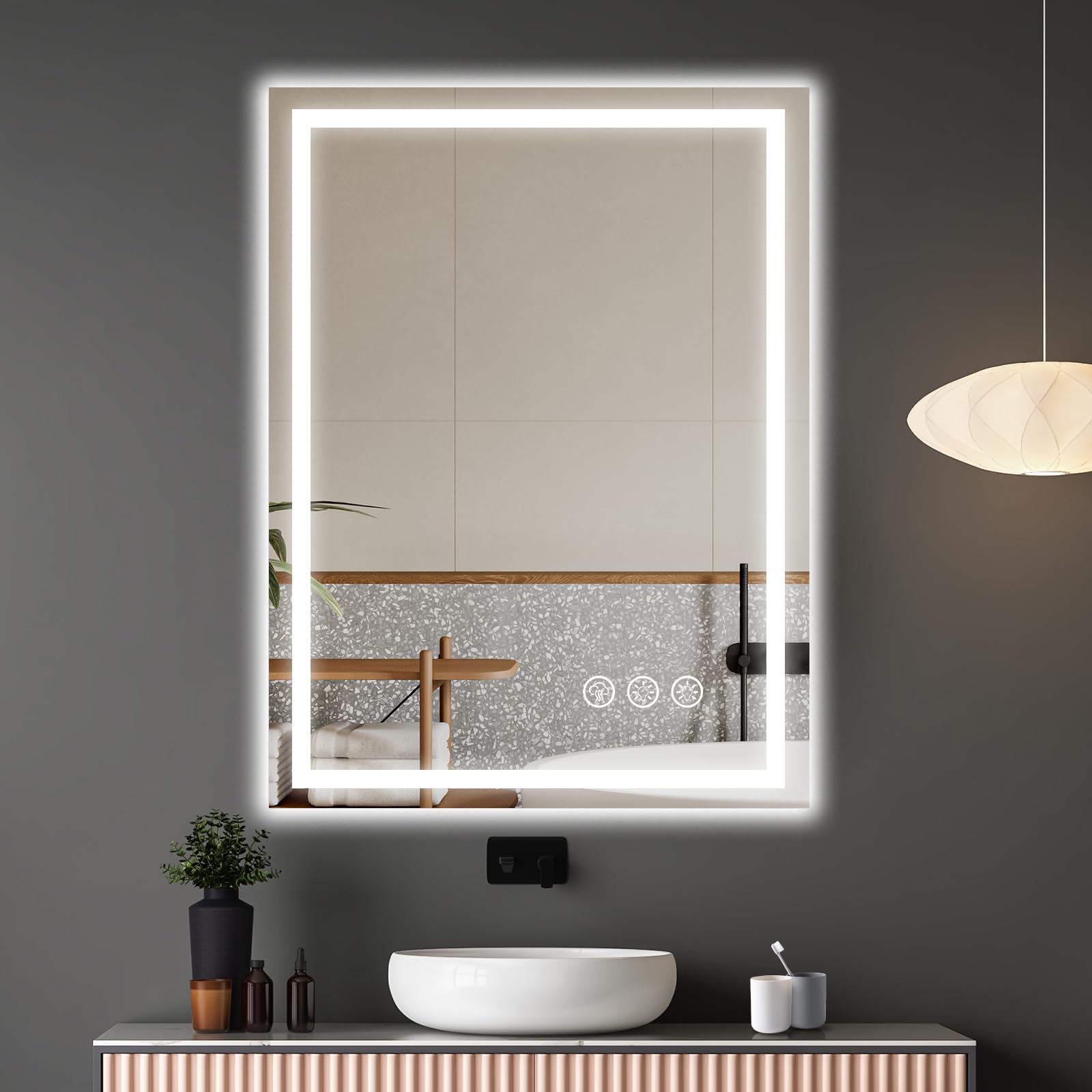 Ratsamee 60x80cm Specchio Bagno con Luce, 3 Colori Dimmerabili, Antiappannamento, Memoria, Touch Control, Montaggio a Parete – Specchio Trucco con Illuminazione