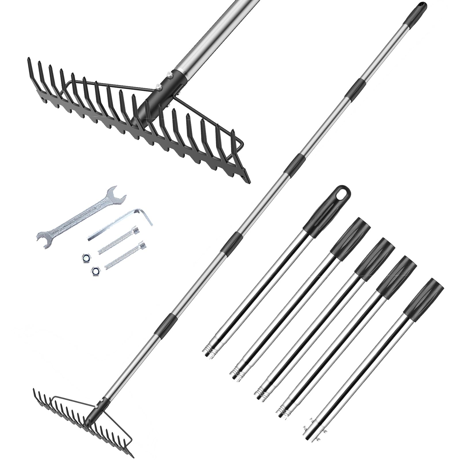 Hochleistungs-Gartenrechen, Vertikutierrechen 194 cm/76,38 Zoll, Rasenvertikutierrechen, verstellbare Länge, mit Montagewerkzeug und einer Aufhängeöse am oberen Ende des Griffs, für Gärten und Rasen