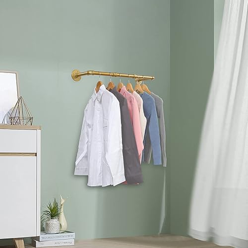 Miniatura 2 de Perchero de ropa de tubería industrial, colgador de ropa dorado montado en la pared de 40 pulgadas, barra de metal resistente para lavandería de