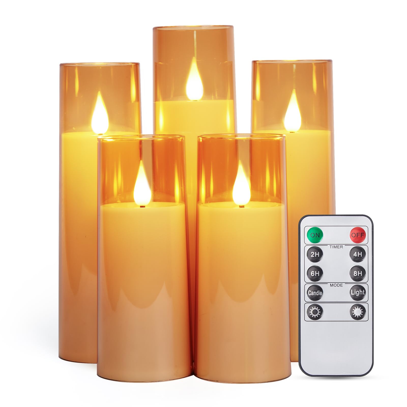 IMAGE Flickering Flameless Candles Battery Operated, Acrylic Shell Pillar 3D Wick LED Candles with Timer for Wedding Christmas Home Decor Set of 5 (D2.3 in X H5 5 7 7 8 in), Gold