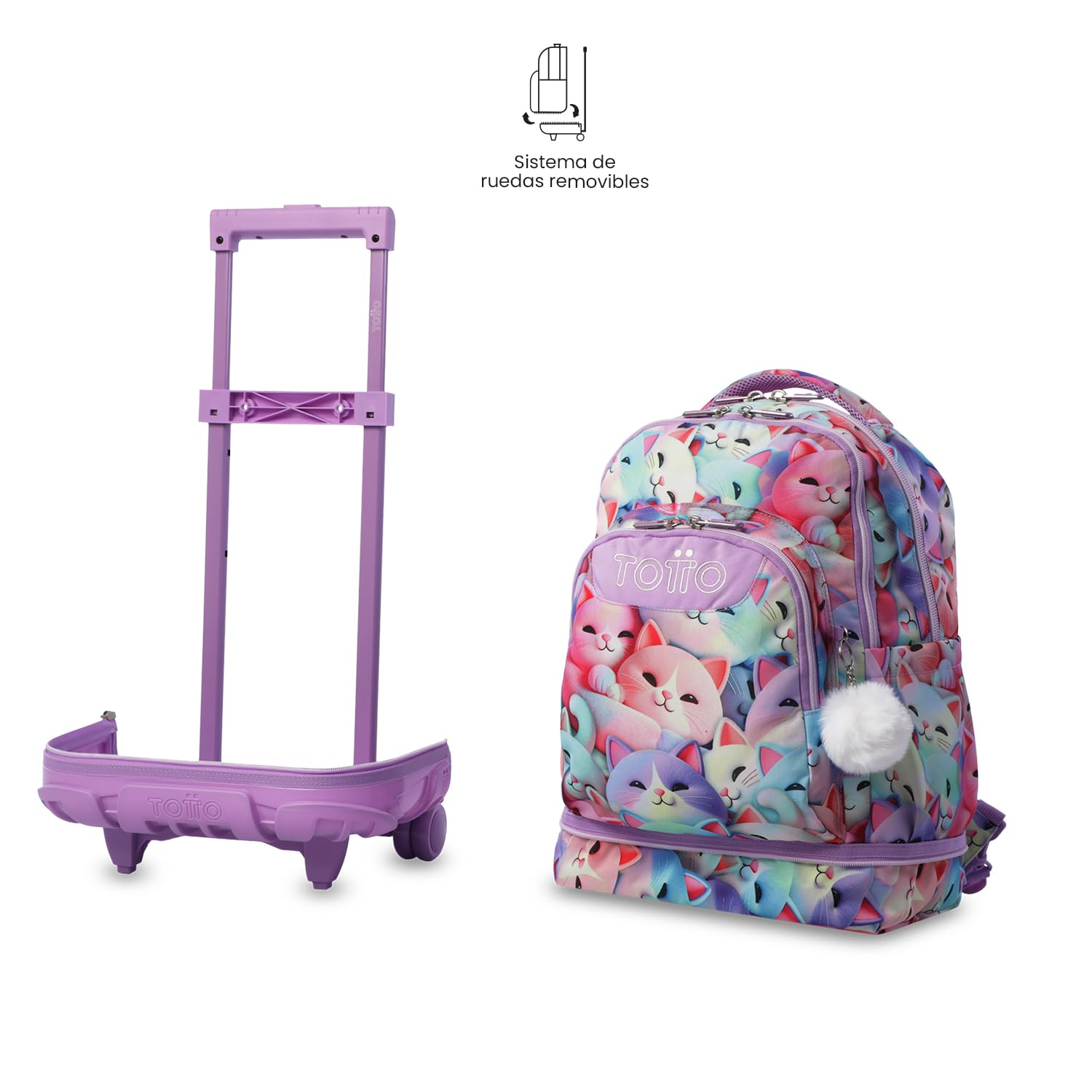 TOTTO - Mochila Escolar con Ruedas Desmontables, Modelo Tiza, Capacidad 26 L, Mochila PC 15.4", Bolsillo Botella, Manija Telescópica, Espaldar Ergonómico y Correas en S, Estampado Mewsy 3D
