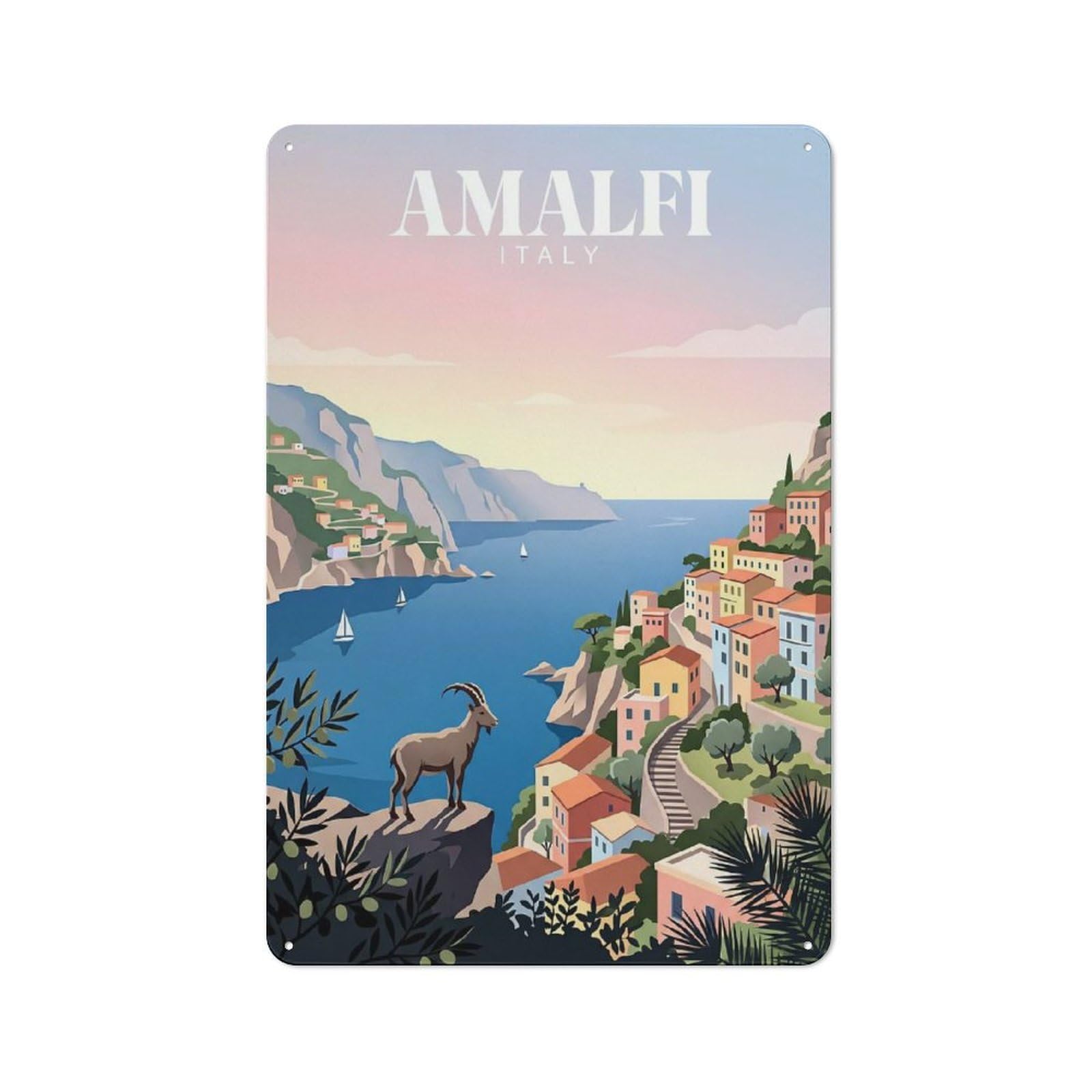 Junmoney Style-2 Old Style Amalfi Coastline Decorative Tin Plaque 30X20cm, Bar Wall Plaque For Bar, Kitchen, Garage Or Games Room