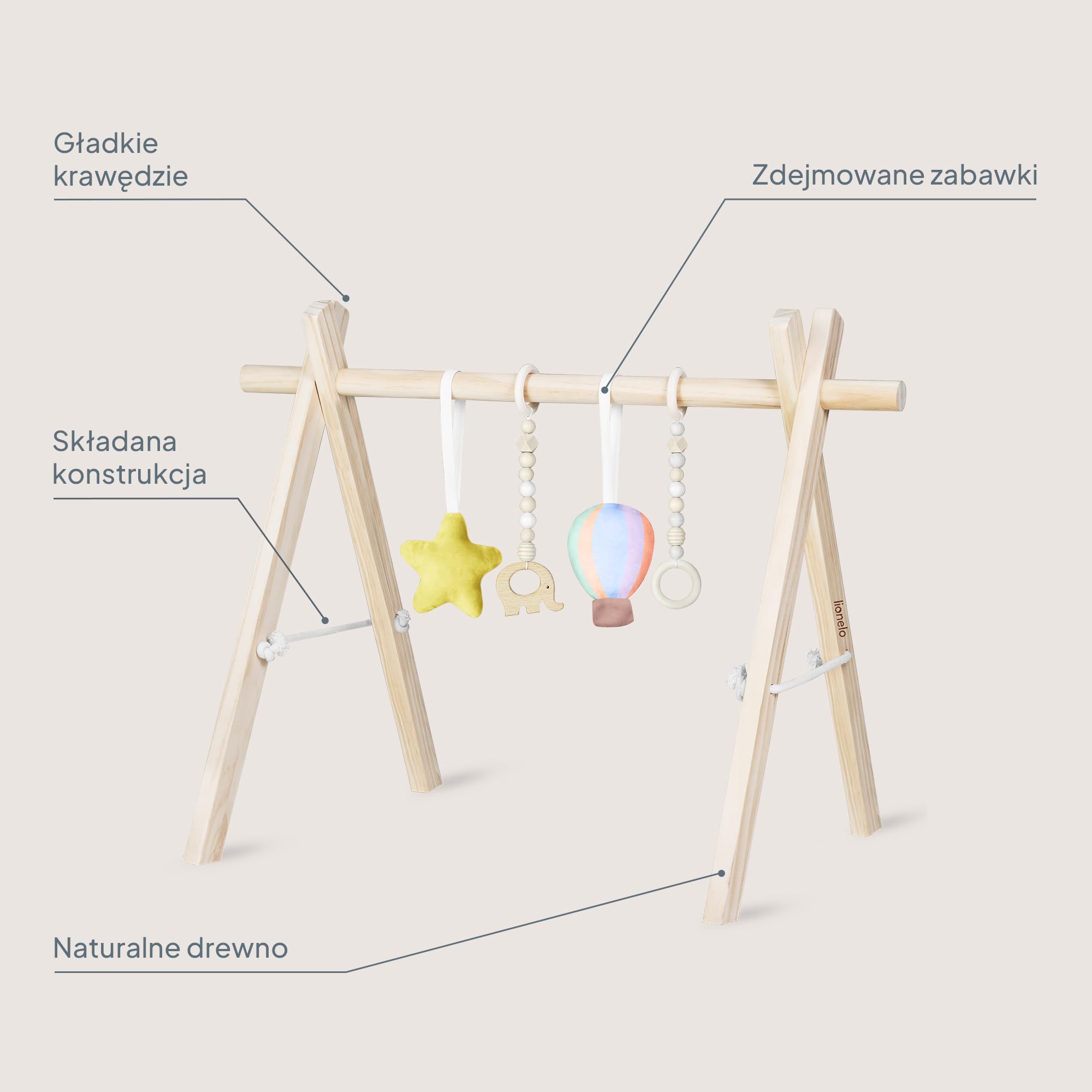 Lionelo Anis Pałąk Edukacyjny Drewniany Baby Gym Montessori, Składany dla Niemowląt, Odpinane Zawieszki, Wspiera Motorykę i Sensorykę, Gładko Szlifowany bez Ostrych Krawędzi, 65 x 45 x 45 cm, 1,2 kg