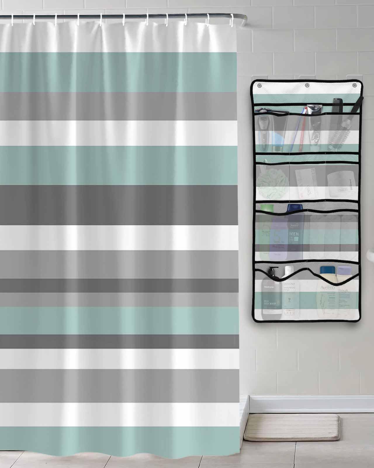 Shower Curtain Mesh Shower Organizer Hanging Set Blue-Gray Stripes Waterproof Shower Curtains with 10 Pockets Quick Dry Shower