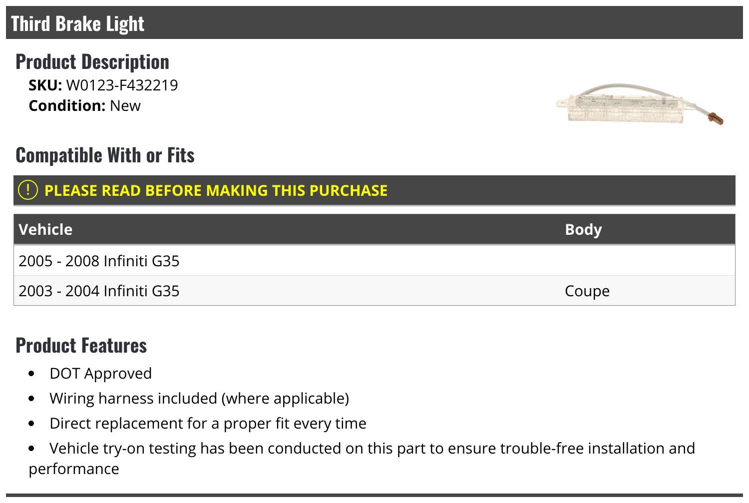 Marketplace Auto Parts, 3rd Third Brake Light Lens - Compatible with 2003-2008 Infiniti G35 Coupe