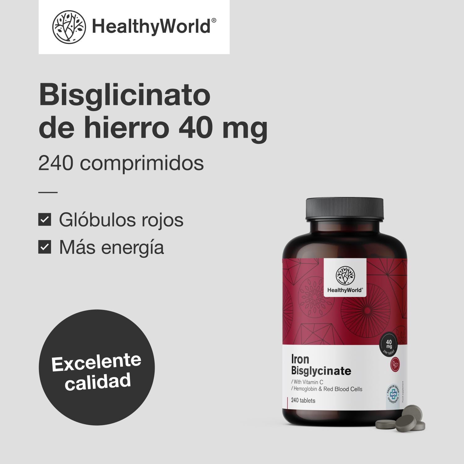 HealthyWorld Bisglicinato de hierro - Con vitamina C - 240 Comprimidos - Suministro para 8 meses - Sin OMG ni colorantes artificiales - 40 mg de hierro, 40 mg de vitamina C - Máxima calidad