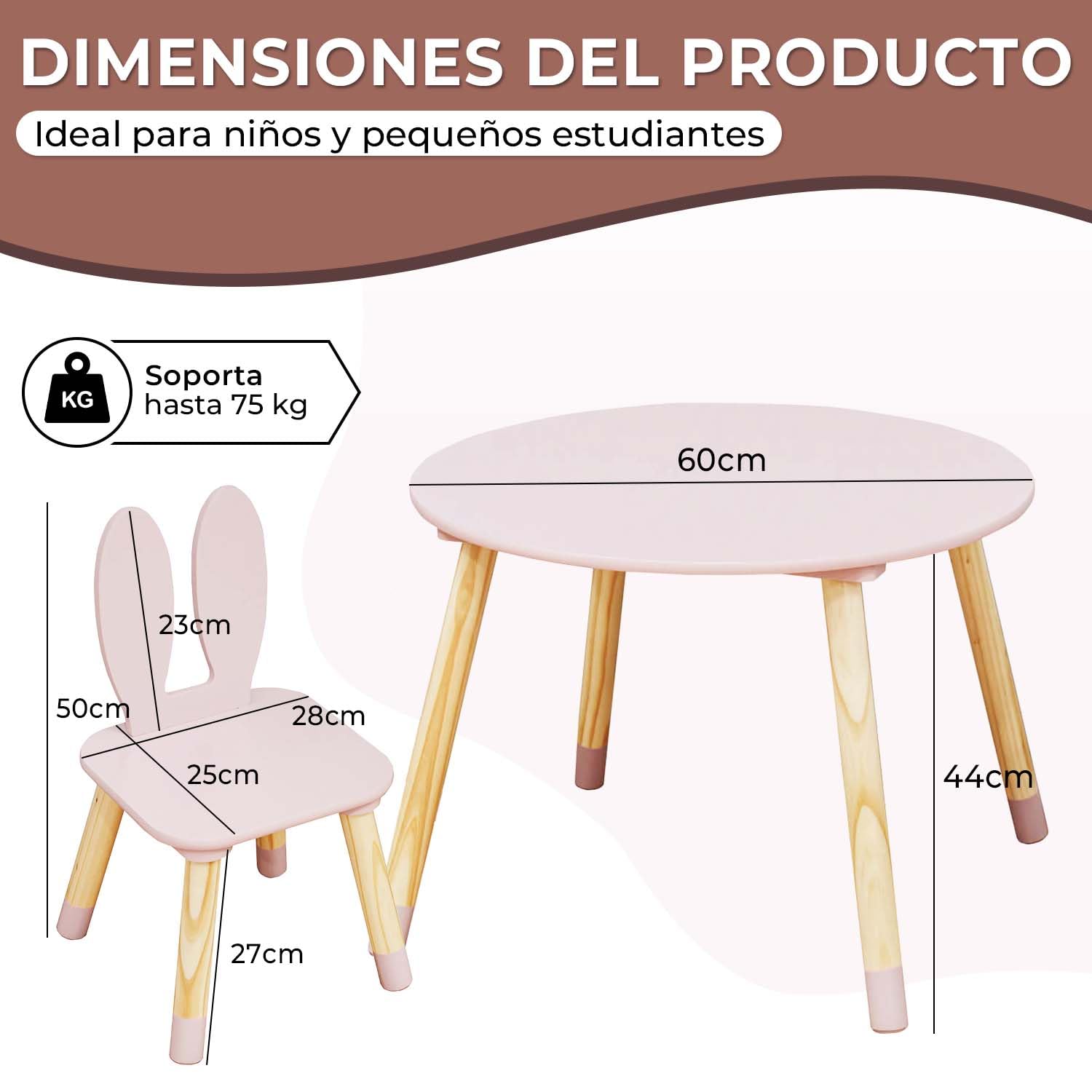 Rebecca Mobili Set de Mesa y 2 Sillas para Niños, Mesa Infantil con Taburetes, Rosa Marrón, MDF de Pino, para Habitación Infantil - Medidas: 44 x 60 x 60 cm / 50 x 28 x 25 cm - Art. RE7017