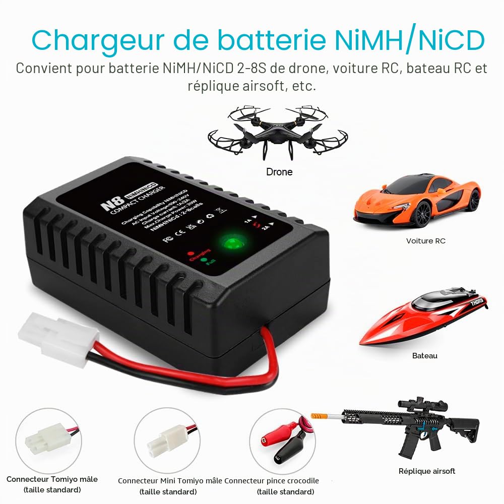 Haisito N8 Chargeur de batterie LiPo, 2-8s Smart NiMH/NiCd avec prise standard/mini 2,4 V/9,6 V, convient pour les voitures radiocommandées Airsoft, bateaux, drones