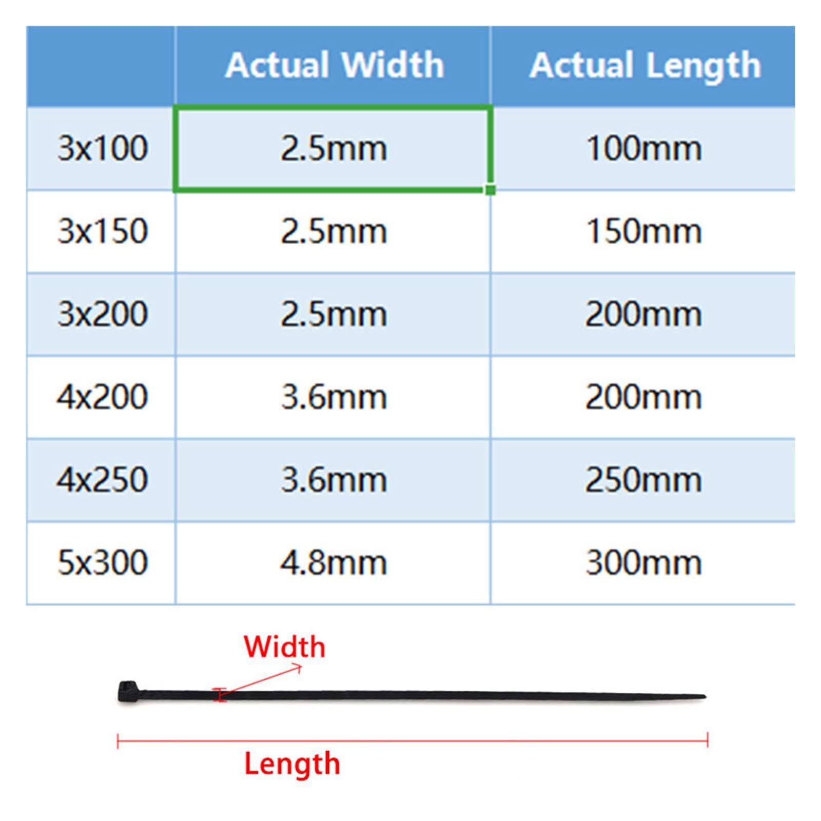 500 Stück selbstsichernde Kabelbinder aus Kunststoff, 100 mm, 150 mm, 200 mm, 250 mm, 300 mm, schwarz, weiß, Nylon-Kabelbinder, 100 Stück Packung (Color : White 500pcs)