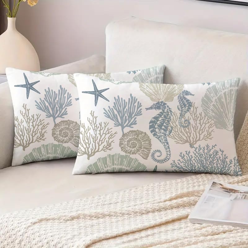 Miuyunya Set of 2 Outdoor Cushions 30 x 50 cm Weatherproof Blue Maritime Cushion Cover Spring Summer Waterproof Cushion Covers Retro Starfish Hippocampus Sofa Decorative Cushion Cover for Garden Sofa - Image 3