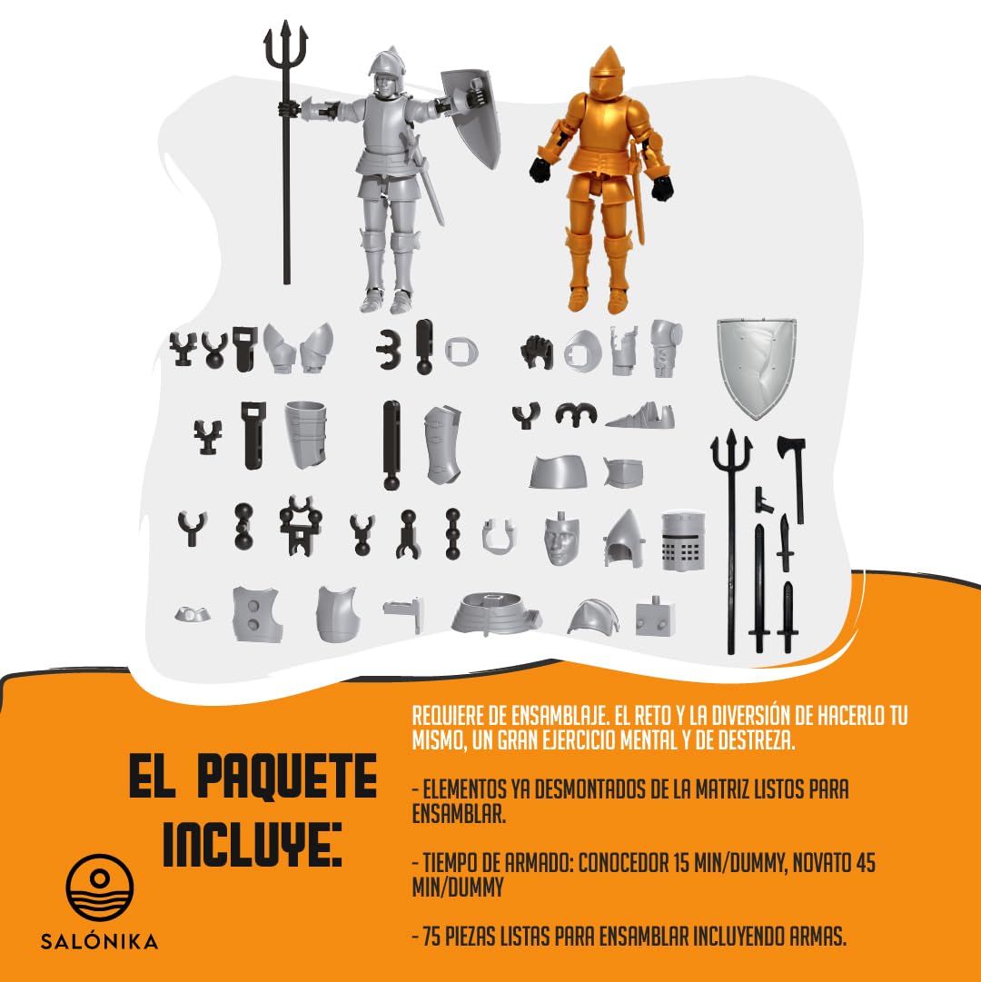 SALONIKA T13 Action Figure, Dummy 13, Figura De Accion, Caballero Medieval, Set de 2 Figuras, 15 Articulaciones, 8 Accesorios, Dorado y Plata (Blanco y Negro)