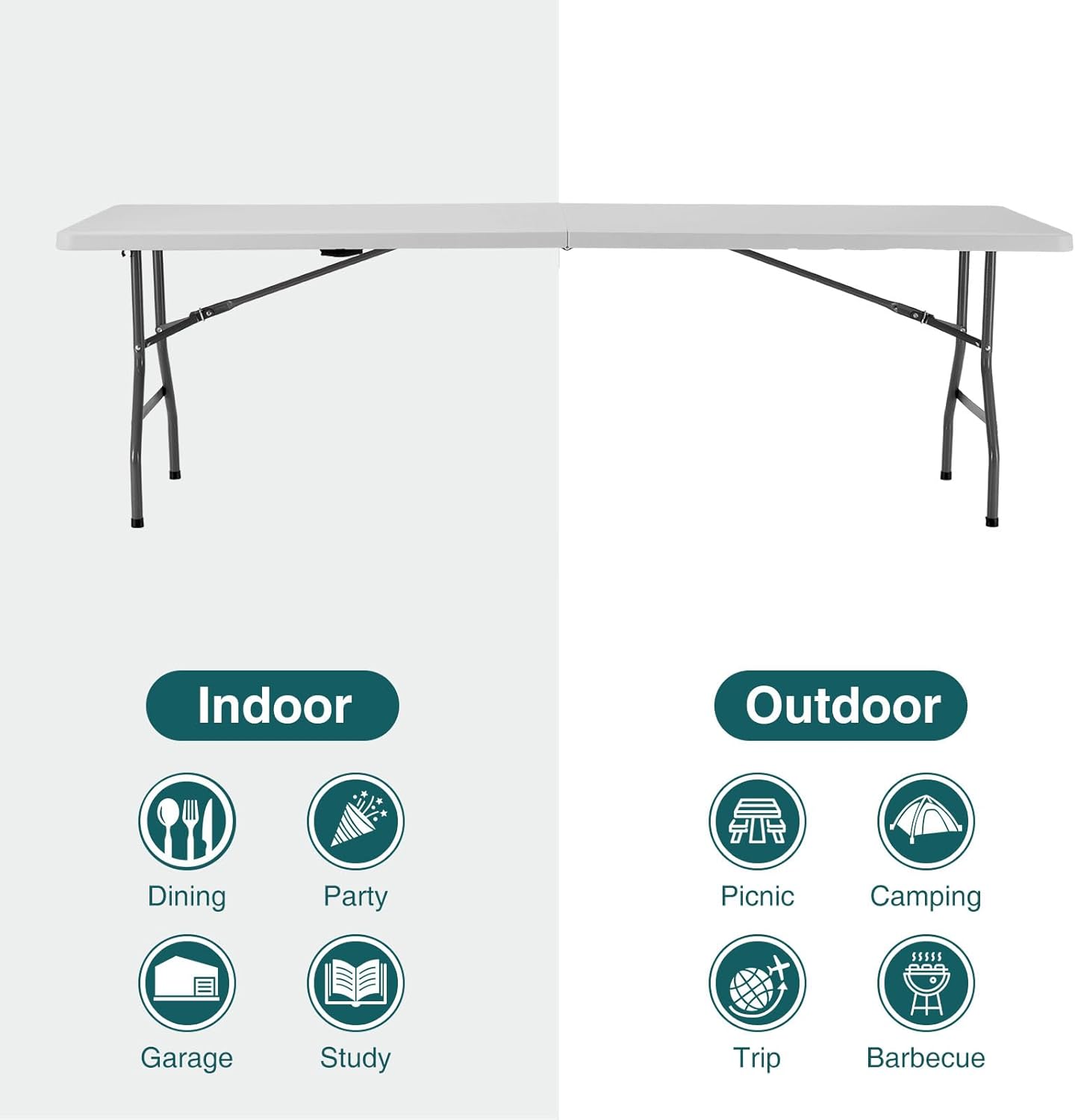 Simple Deluxe Foldable Table - Heavy Duty Portable Plastic Top & Steel Legs, Built-in Handle for Indoor Outdoor Party, Camping, White 8 FT, Standard
