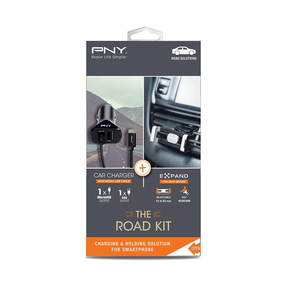 PNY The Road Kit Supporto da Auto Espandibile per Smartphone e Caricabatteria da Auto Micro USB