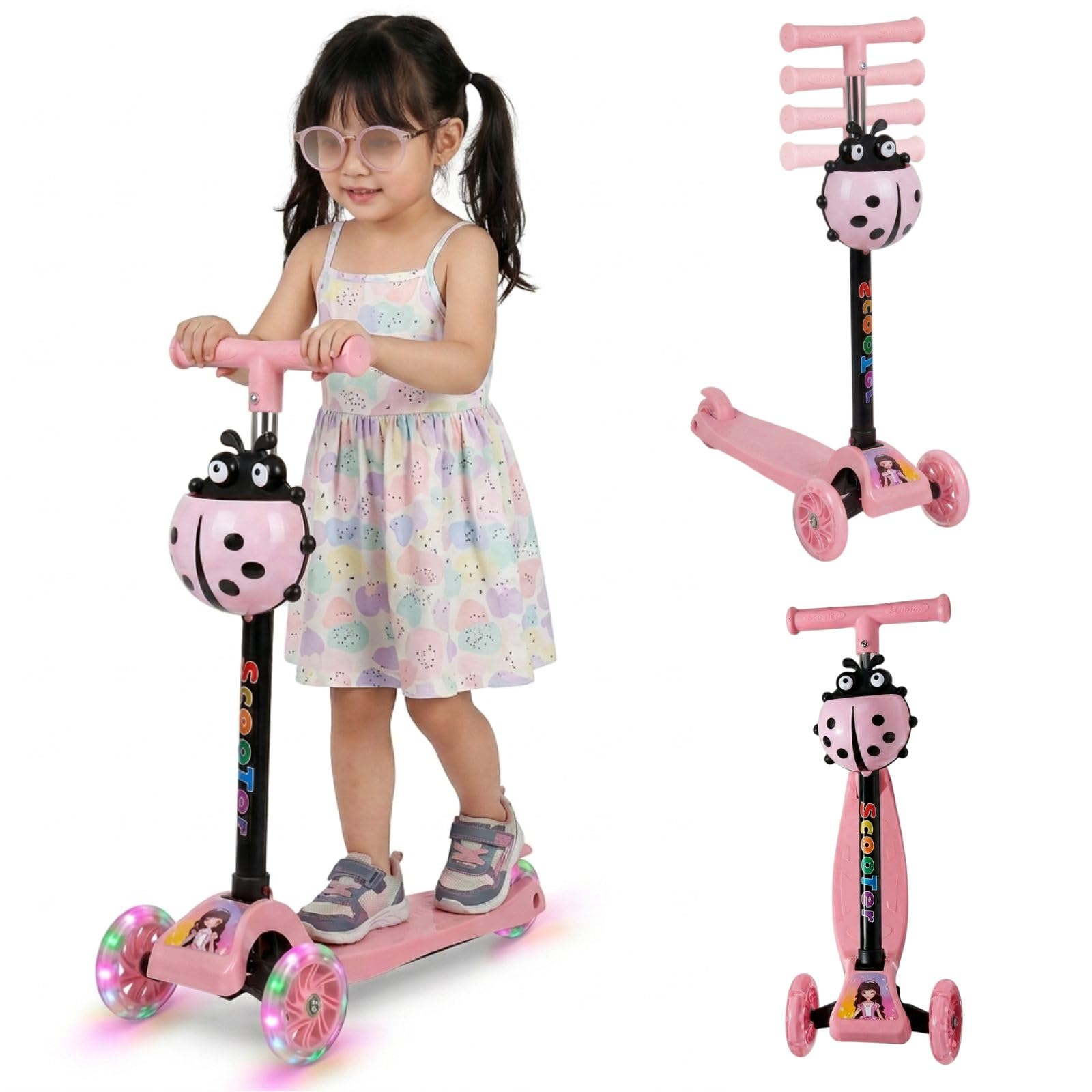 Monopattino per Bambini 3+, 3 Ruote con Luci LED, Manubrio Regolabile 52-72 cm, Design Coccinella, Rosa o Azzurro
