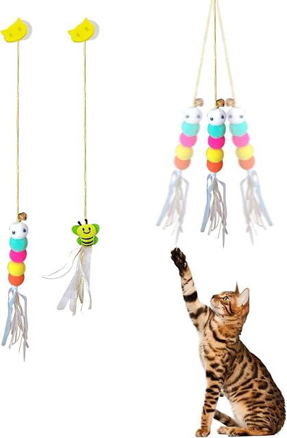 Simpcozy Hanging Cat Toys for Door, Caterpillar Bees with Tassels, Interactive Cat Toys for Indoor Cats, Cat Chew Toys Kitten Catching Toys for Indoor Cats to Exercise and Keep Fit (2pc)