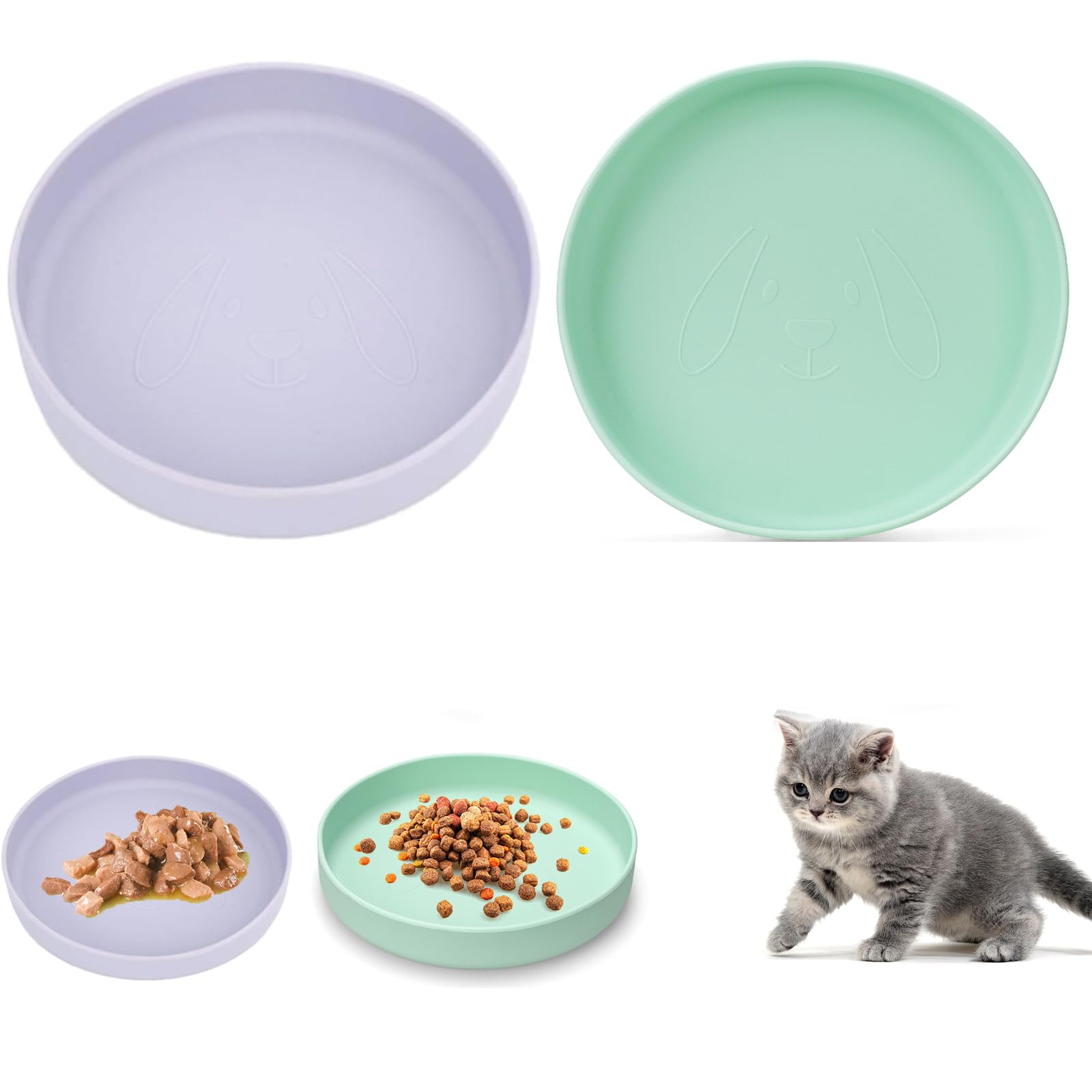 2 cuencos de silicona para gatos, planos, 18 cm, redondos, comederos para gatos, verde y morado, para comida seca, comida húmeda, aperitivos de agua
