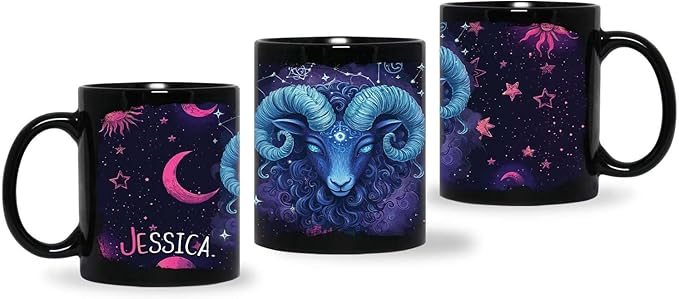 Custom Name Aries Zodiac Sign Mug, Gift For Friend, Personalized Aries Full Wrap Cup, Customized Horoscope Black Mug 11oz 15oz, Astrology Lover Coffee Cup, Aries Ceramic Mug For Kids, 1pcs