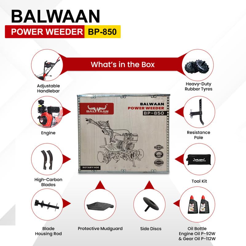 Image of Balwaan Krishi 247cc 4-Stroke Diesel Engine Power Weeder | High Power, Economical Fuel Consumption| Ideal for Weeding | 40 inch Working Width | Free Engine and Gear Oil Bottle | (Red & Black) BP-850